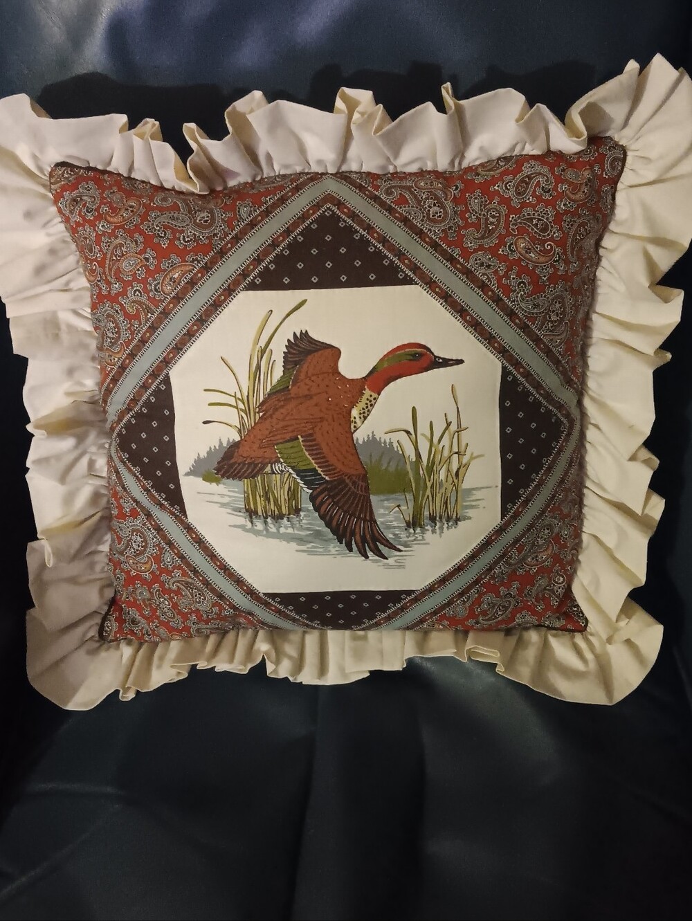 Vintage-Inspired Duck Throw Pillow with Ruffled Edge - Rust & Cream 18"x17"